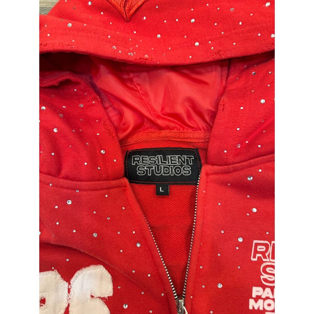 Resilient Studios Rhinestone Zip Sweatshirt Jacket Red L - Picture 7 of 8